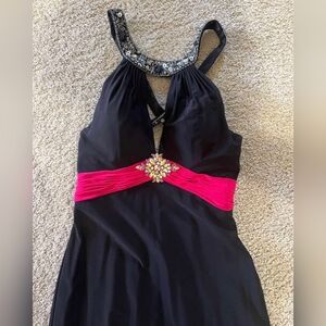 Black Formal Dress with Pink Waistband and Embellished Neckline